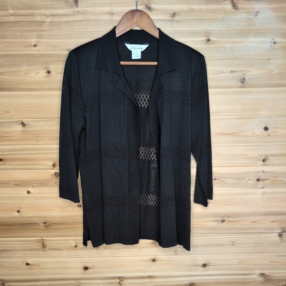 Misook Black Pointelle Diamond Knit Open Front Cardigan Womens Medium